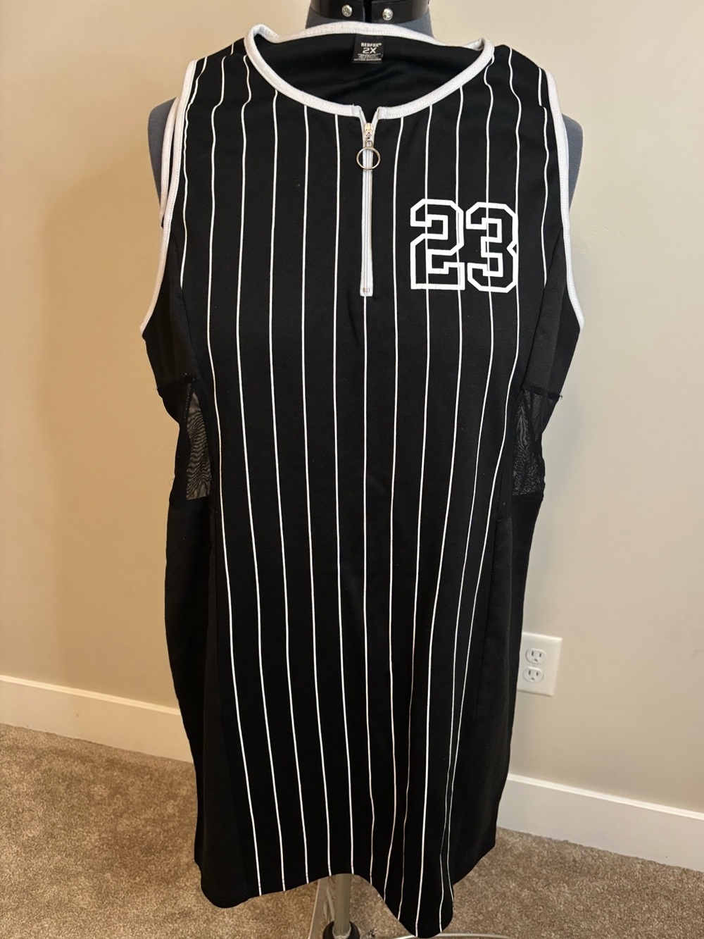 Redfox Black Pinstriped Sleeveless Midi Dress with White '23' Detail 2X